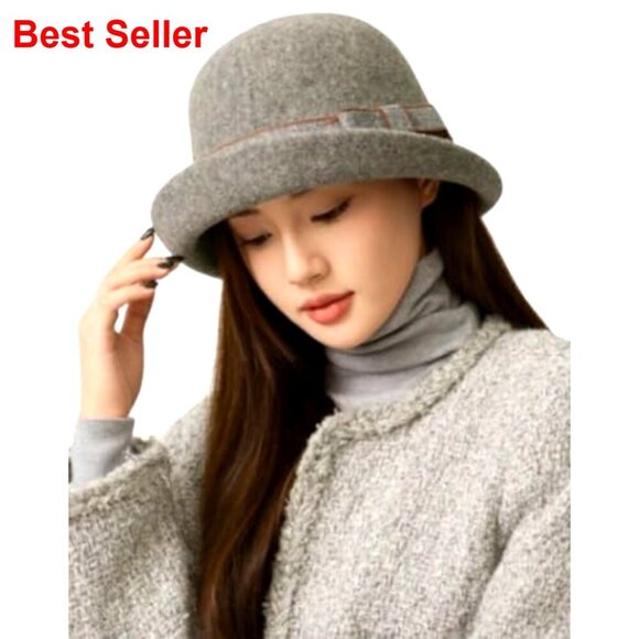 Vintage Felt Cloche Hat Polyester Bucket Fedora with Adjustable Drawstring